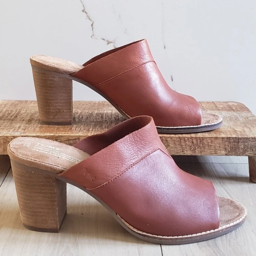 Toms Majorca Mule Sandals Womens 11 Brown‎ Cognac Leather Block Heel New